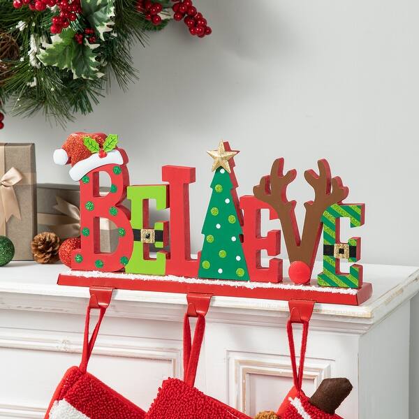 Glitzhome 7.75" H Wooden/Metal "BELIEVE" Christmas Stocking Holder